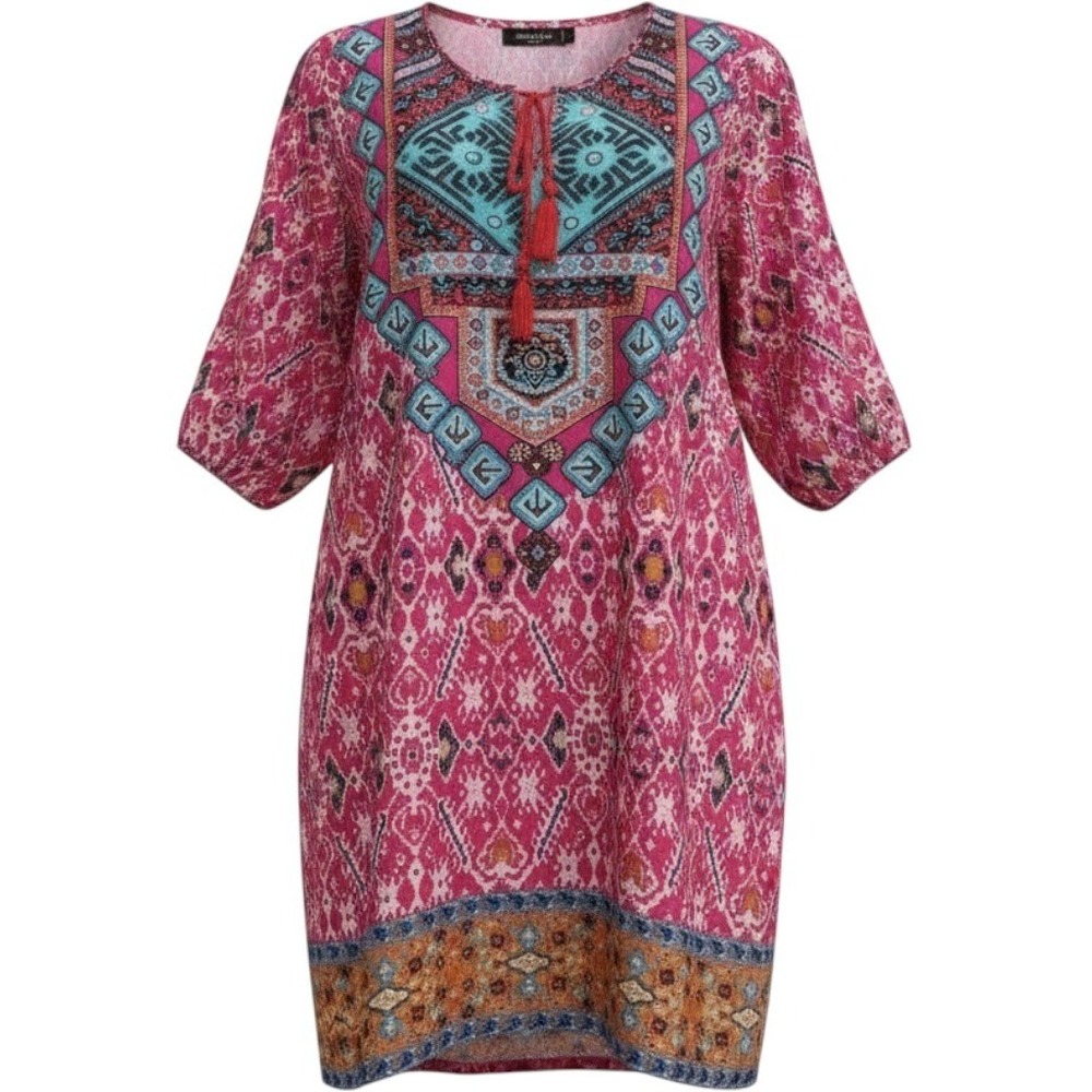 Urban CoCo BOHO Mini Dress Womens Large Pink Geometric Tassel Tie 3/4 Sleeve